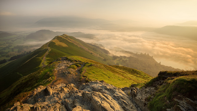 Mountain trail clouds fog trees free wallpaper for desktop - medium preview image