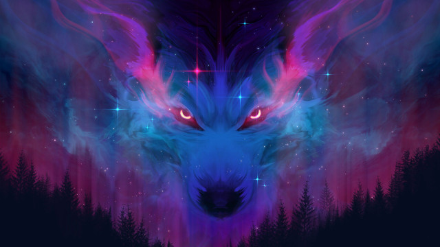 Glowing blue wolf starry night free wallpaper for desktop - medium preview image