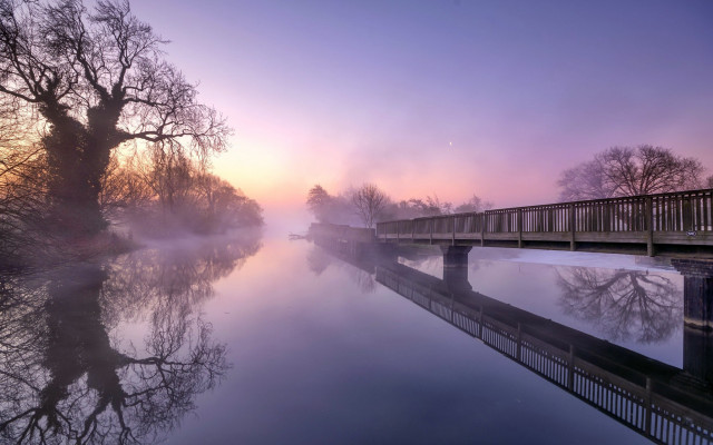 Bridge river foggy sunset autumn free wallpaper for desktop - medium preview image