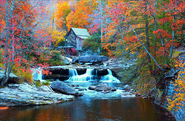 Waterfall forest cabin fall foliage free wallpaper for desktop - medium preview image