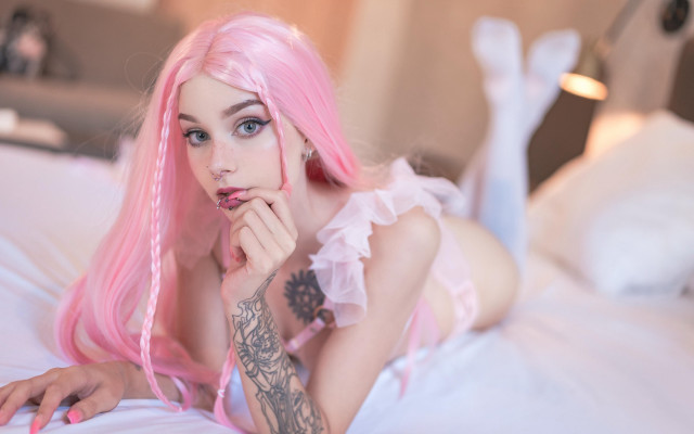 Pink haired woman tattoo bed free wallpaper for desktop - medium preview image