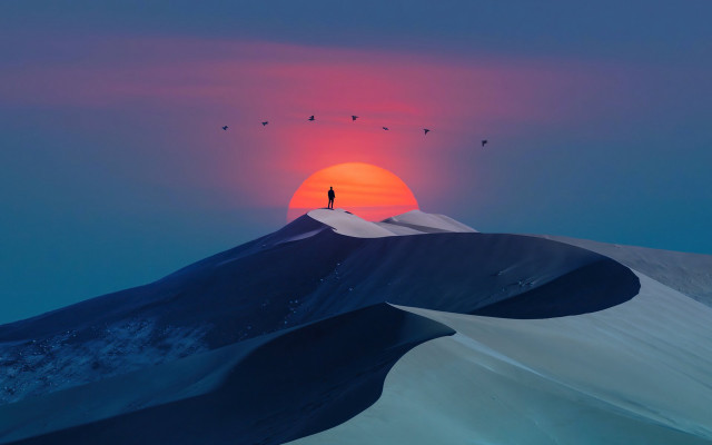 Sunset mountain birds person desert free wallpaper for desktop - medium preview image