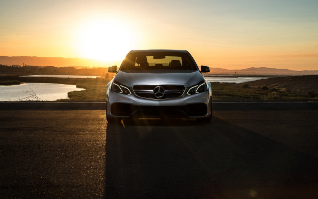 Silver car lake road sunset free wallpaper for desktop - medium preview image