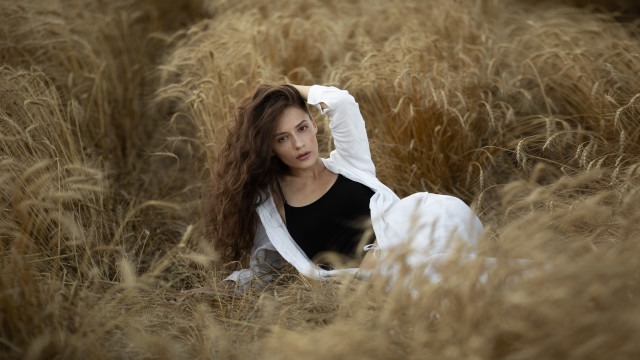 Woman field blowing hair portrait free wallpaper for desktop - medium preview image