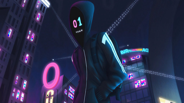 Neon city hoodie cyberpunk skyscraper free wallpaper for desktop - medium preview image