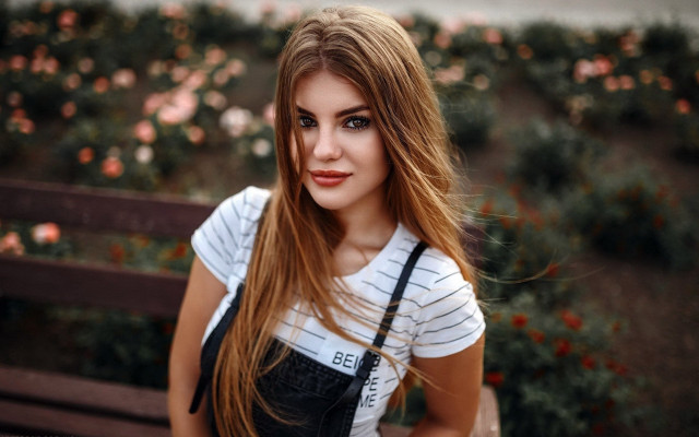 Woman longhair stripedshirt flowers bench free wallpaper for desktop - medium preview image