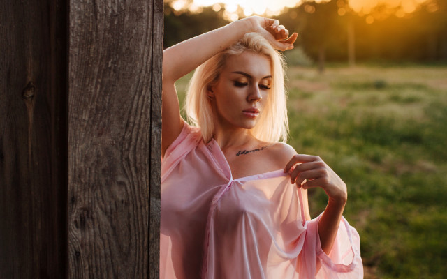 Blonde woman pink dress fence free wallpaper for desktop - medium preview image