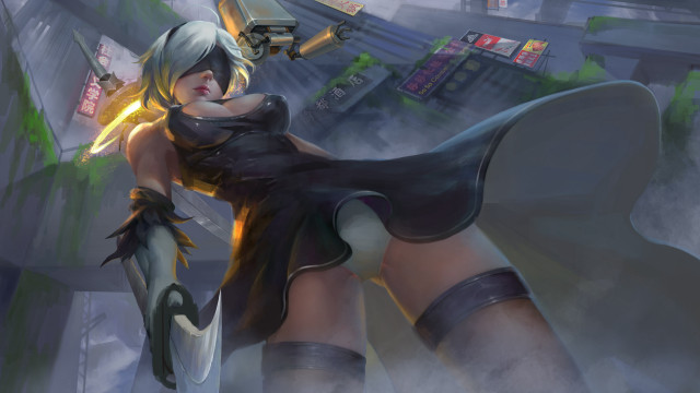 Yorha android sword cityscape blackdress free wallpaper for desktop - medium preview image