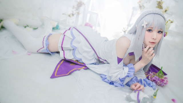 Woman white dress bed flowers free wallpaper for desktop - medium preview image