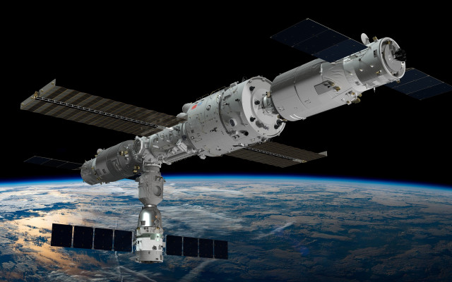 Space station satellite planet dark free wallpaper for desktop - medium preview image