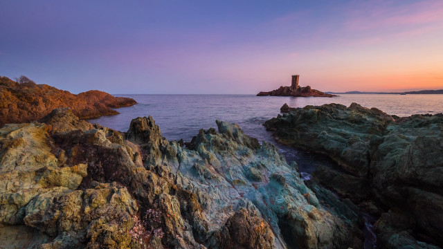 Lighthouse rocky shore sunset pink #2 free wallpaper for desktop - medium preview image