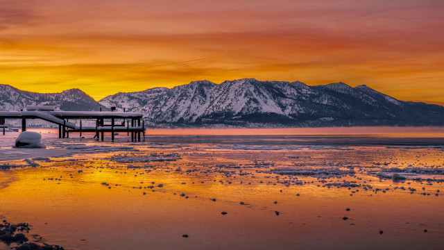Pier mountains sunset lake snow free wallpaper for desktop - medium preview image