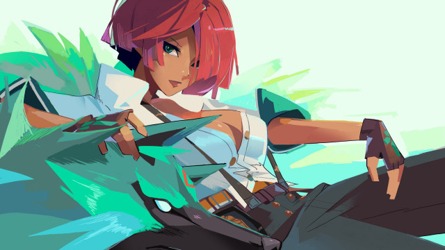 Redhair woman sword greenbackground bluesky free wallpaper for desktop - medium preview image