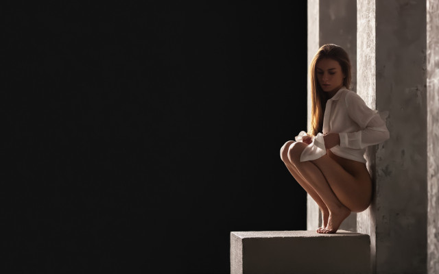 Woman ledge white shirt skirt free wallpaper for desktop - medium preview image