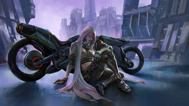 Futuristic city motorcycle pink hair free wallpaper for desktop - medium preview image