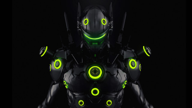 Glowing green robot cyberpunk ai free wallpaper for desktop - medium preview image