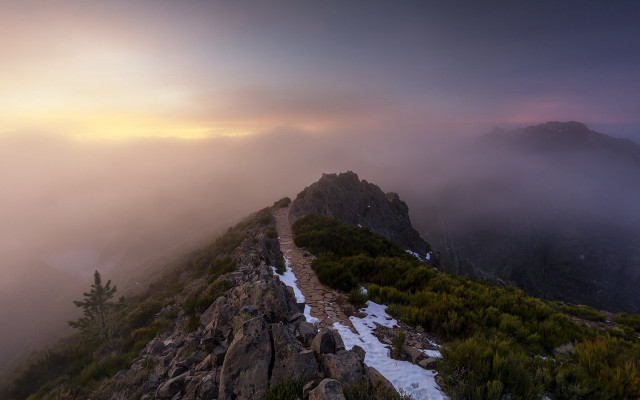 Mountain trail fog clouds dusk free wallpaper for desktop - medium preview image
