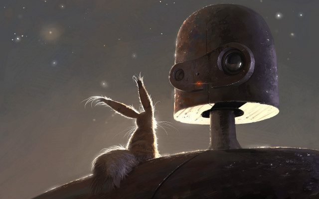 Rabbit robot solarpunk space illustration free wallpaper for desktop - medium preview image