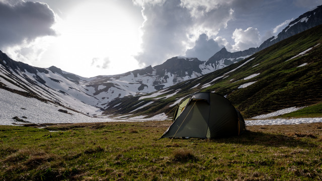Tent field mountains clouds tilt free wallpaper for desktop - medium preview image