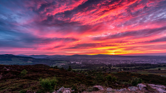 Sunset valley mountains clouds city free wallpaper for desktop - medium preview image