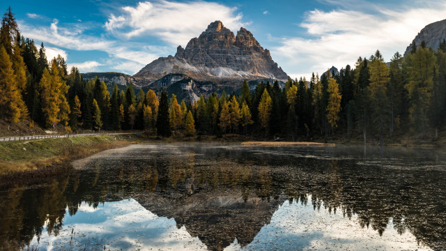Mountain lake reflection bridge forest free wallpaper for desktop - medium preview image