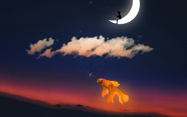 Goldfish kite moonlit background illustration free wallpaper for desktop - medium preview image