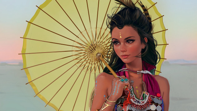 Woman yellow umbrella desert pink free wallpaper for desktop - medium preview image