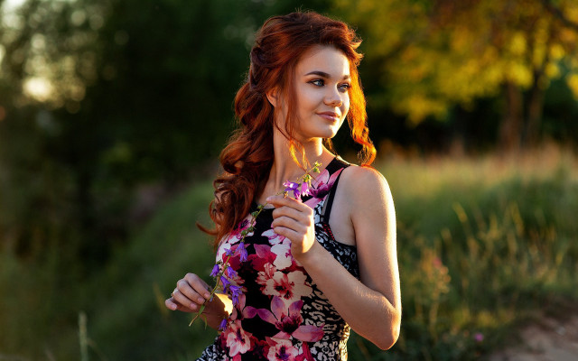 Woman floral dress smiling bokeh free wallpaper for desktop - medium preview image