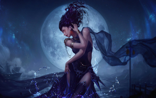 Woman fullmoon water dress scarf free wallpaper for desktop - medium preview image