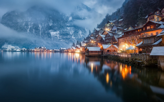 Lake mountain town night lights free wallpaper for desktop - medium preview image