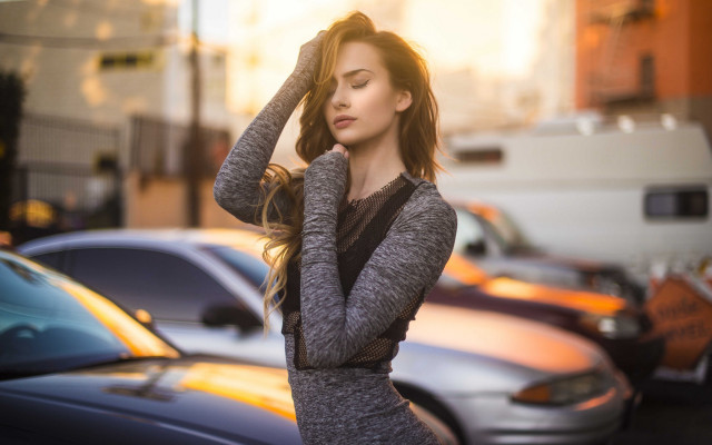 Woman gray dress parking lot free wallpaper for desktop - medium preview image
