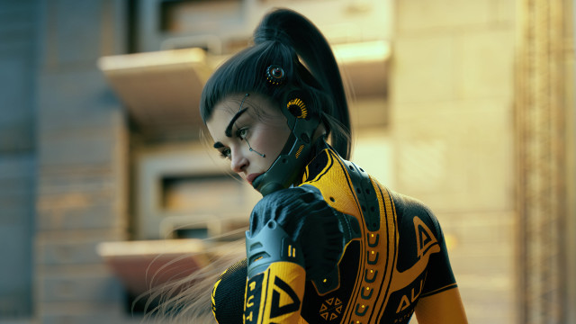 Cyberpunk woman yellow black outfit free wallpaper for desktop - medium preview image