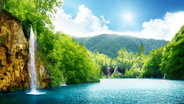 Waterfall lake trees mountains blue #2 free wallpaper for desktop - medium preview image