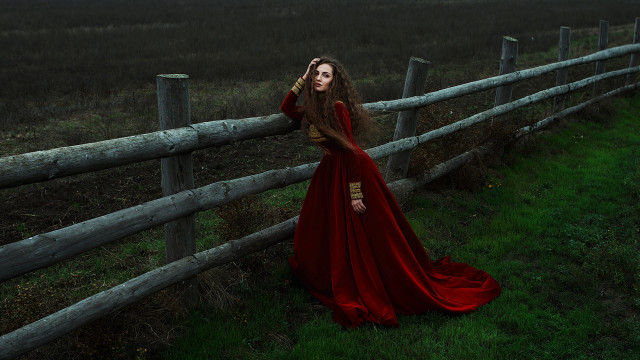 Woman red dress fence night free wallpaper for desktop - medium preview image