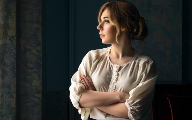 Woman crossed arms window portrait free wallpaper for desktop - medium preview image