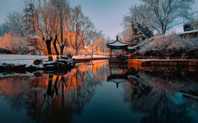 Pond pagoda snow trees autumn free wallpaper for desktop - medium preview image