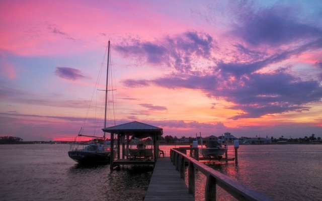 Dock boat pier gazebo sunset free wallpaper for desktop - medium preview image