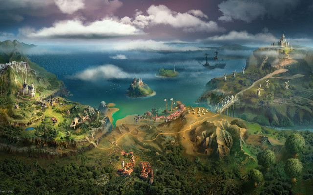 Fantasy island castle mountain lake free wallpaper for desktop - medium preview image