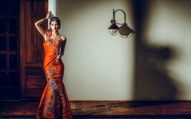 Woman orange dress chen lin free wallpaper for desktop - medium preview image