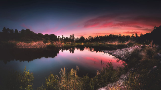 Lake sunset trees pink sky free wallpaper for desktop - medium preview image