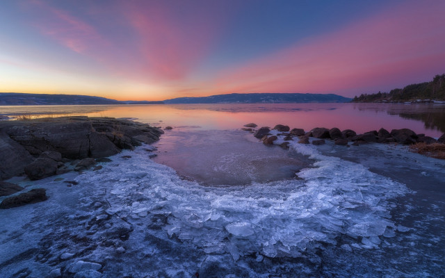 Lake ice rocks sunset pink free wallpaper for desktop - medium preview image