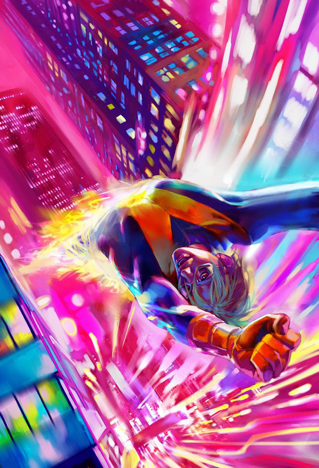 Colorful suit flying person cityscape free wallpaper for mobile - medium preview image