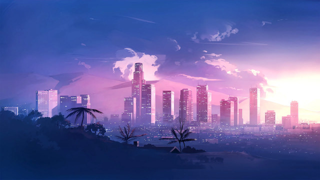 City skyline pink sunset clouds free wallpaper for desktop - medium preview image