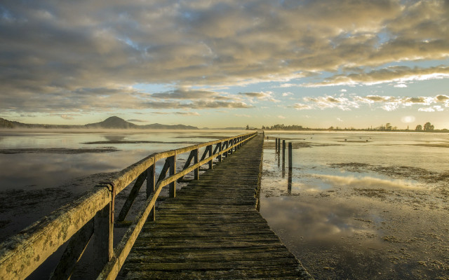 Wooden pier sunset mountain clouds free wallpaper for desktop - medium preview image