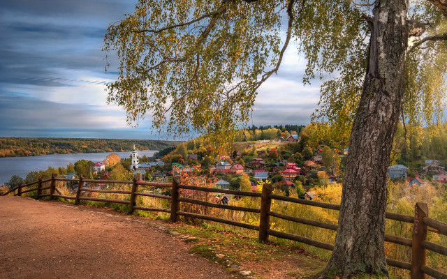 Lake town bridge tree architecture free wallpaper for desktop - medium preview image