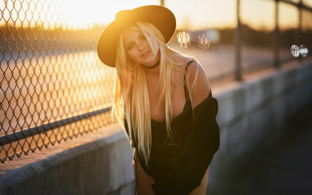 Blonde woman sunset fence hat free wallpaper for desktop - medium preview image