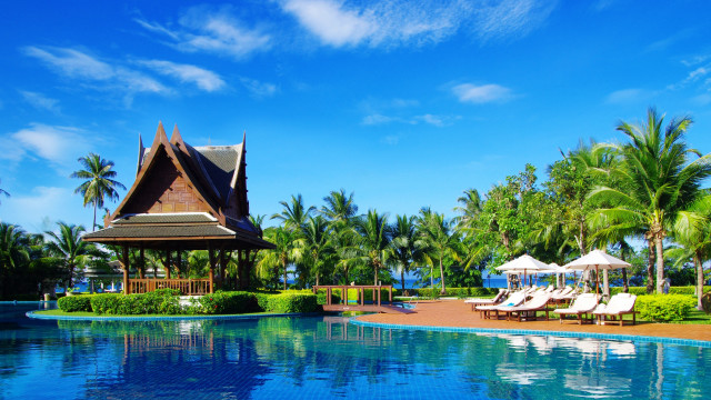 Resort pool lounge chairs umbrellas #3 free wallpaper for desktop - medium preview image