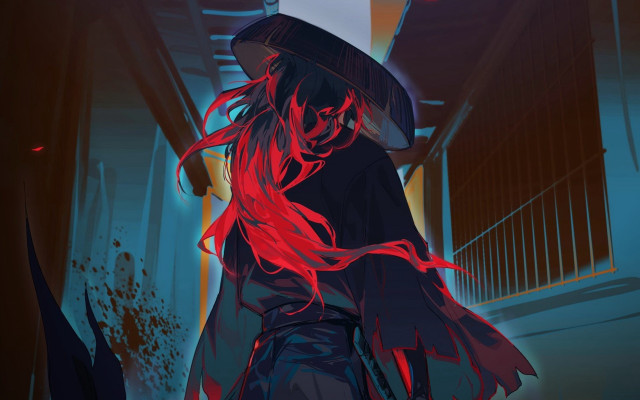 Red haired woman hallway blood free wallpaper for desktop - medium preview image