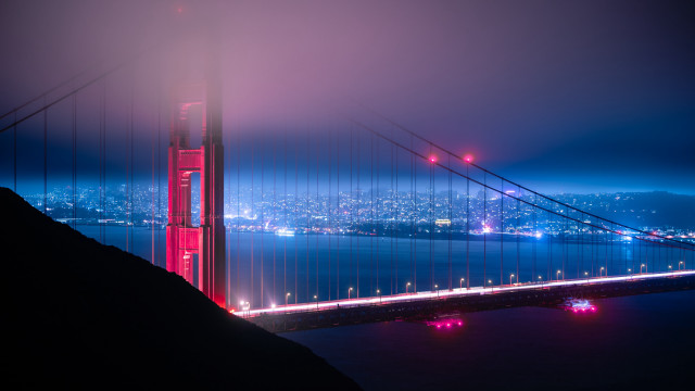 Bridge city night fog neon free wallpaper for desktop - medium preview image