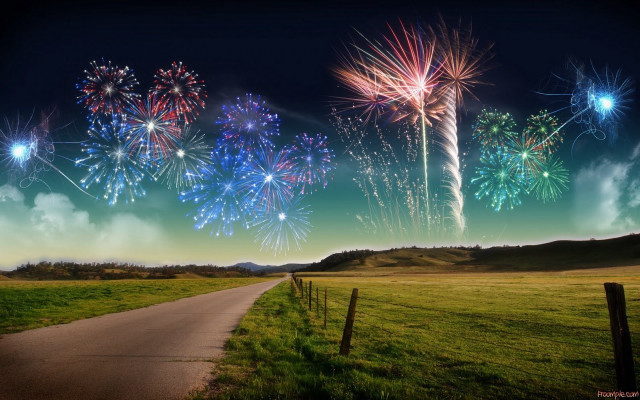 Fireworks sky road field fence free wallpaper for desktop - medium preview image